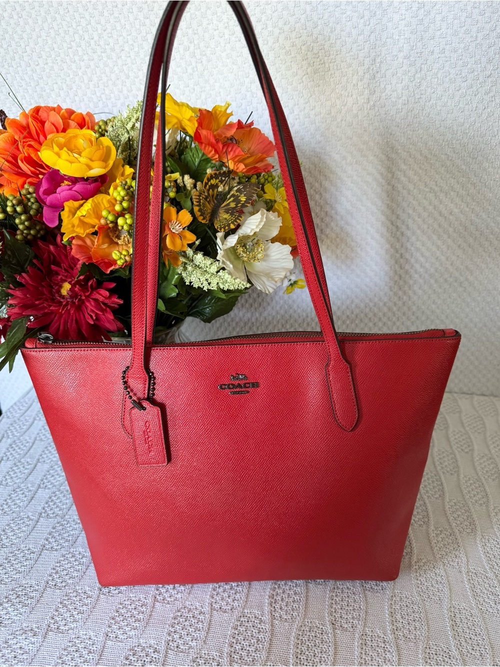 Coach Crossgrain Orange Leather Zip Top Tote